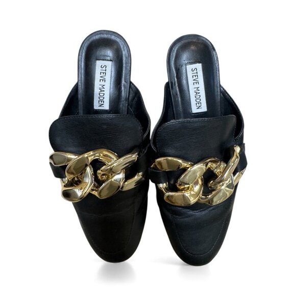 Steve Madden KIKI Mules 8.5 Black Gold Chain Slip On Loafers Womens Shoes NWOB - Picture 1 of 4